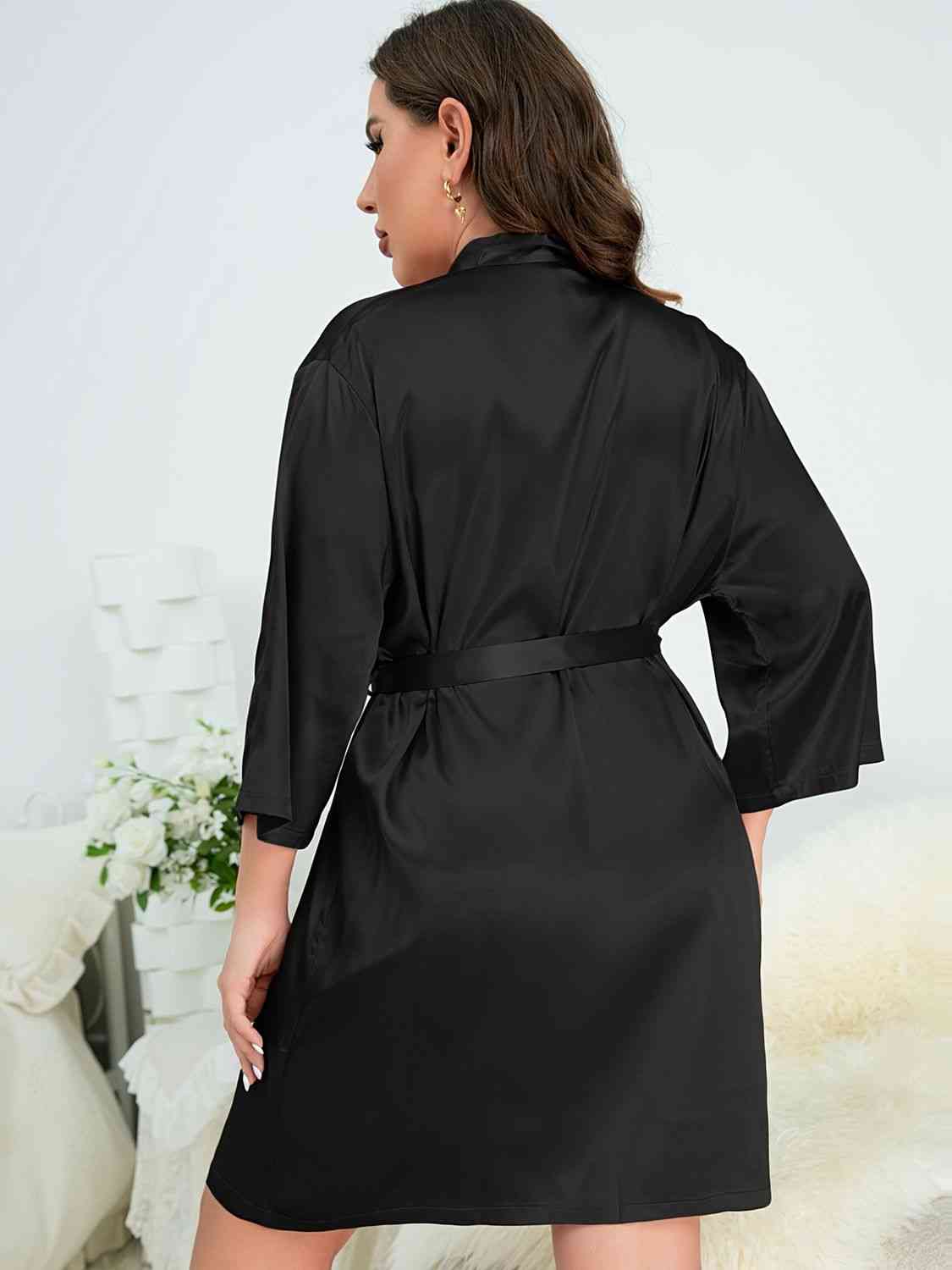 Plus Size Surplice Neck Tie Waist Robe