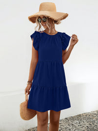 Solid Color Casual Short Sleeve Short Dress Women's fashion Ruffled Round Neck Cap Sleeve Mini Dress