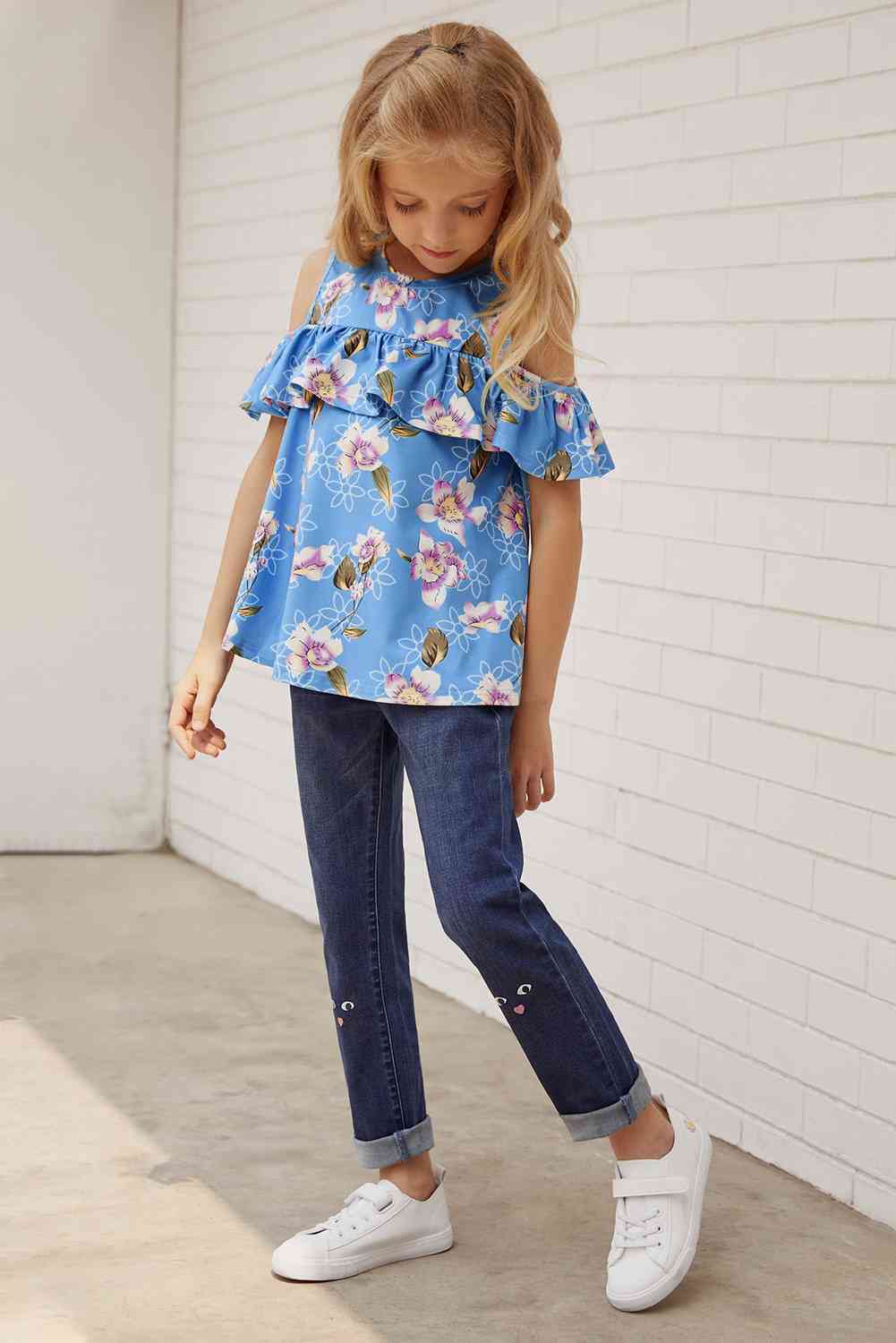 Girls Floral Cold-Shoulder Ruffled Top Kid's Fashion