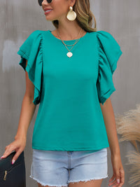 Round Neck Flounce Sleeve Blouse Solid Color Women's Short Sleeve Top