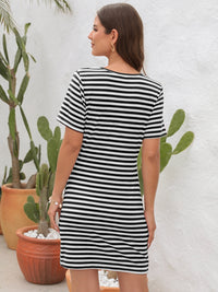 Casual Shirt Dress Women's Fashion Cutout Striped Round Neck Short Sleeve Dress