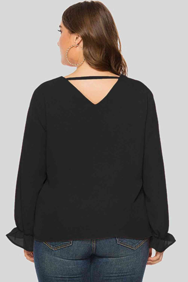 Plus Size Cutout Flounce Sleeve Blouse