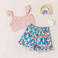 Kids Fashion Cotton Asymmetrical Neck Top and Rainbow Print Shorts Set