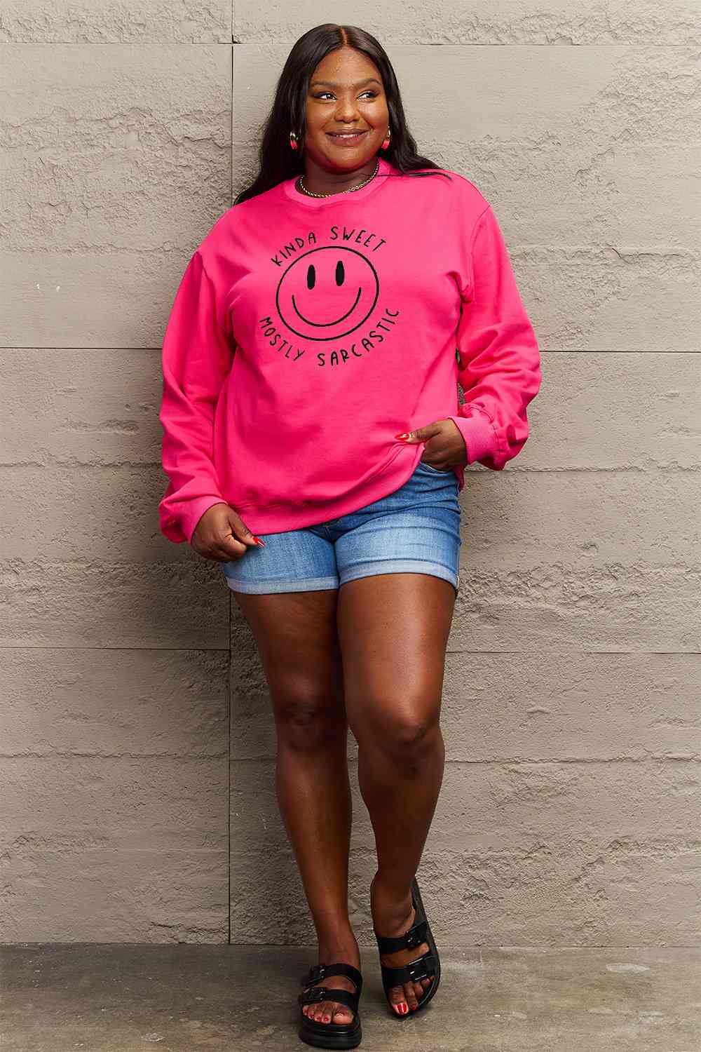 Smiling Face Graphic Sweatshirt Petite and Plus Size Fashion Sweater Happy Face