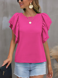 Round Neck Flounce Sleeve Blouse Solid Color Women's Short Sleeve Top