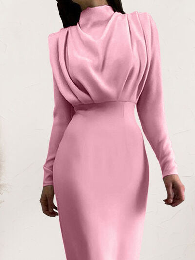 Womens Mock Neck Ruched Turtleneck Long Sleeve Midi Dress