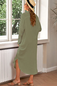 100% Cotton Dress Casual Loose Fit Olive Green Button Up Collar Shirt Long Sleeve Maxi Dress