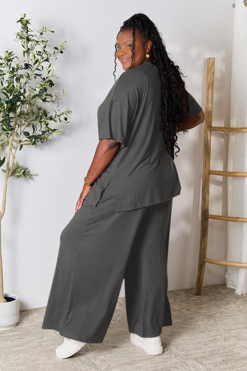 Double Take Full Size Round Neck Slit Top and Pants Set Loungewear T shirt and bottoms included