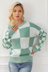 Checkered Drop Shoulder Long Sleeve Sweater