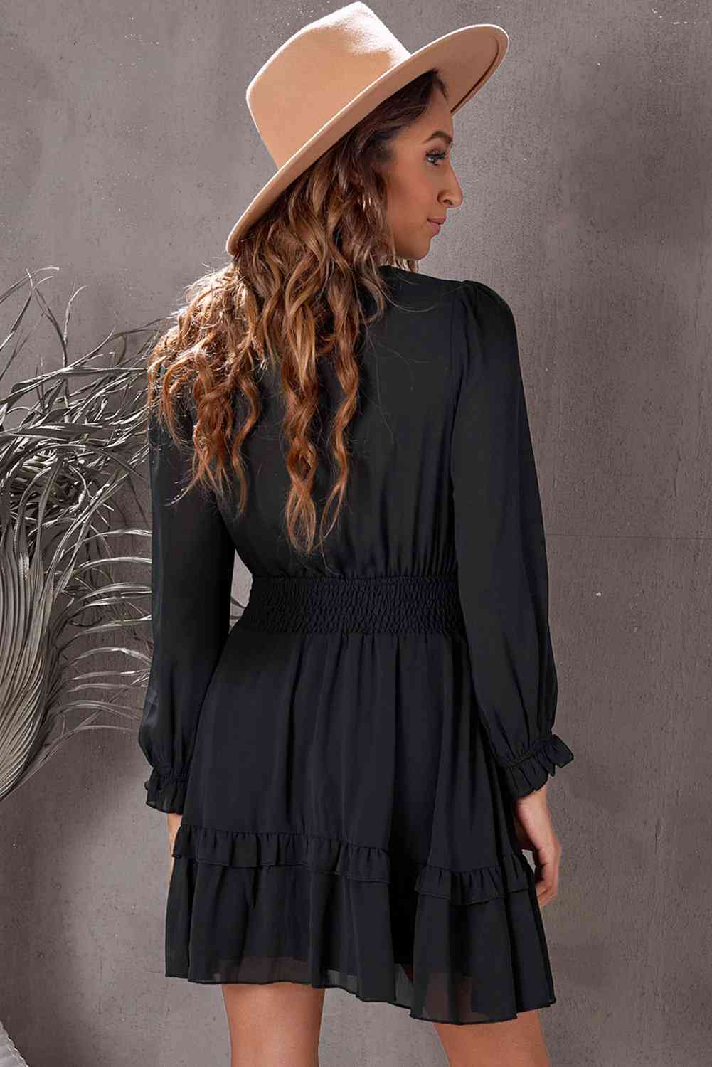 Womens Vacation Tied Plunge Smocked Waist Flounce Sleeve Dress