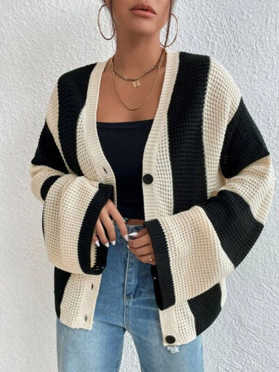 Striped Button Up Cardigan Fashion Open Sweater