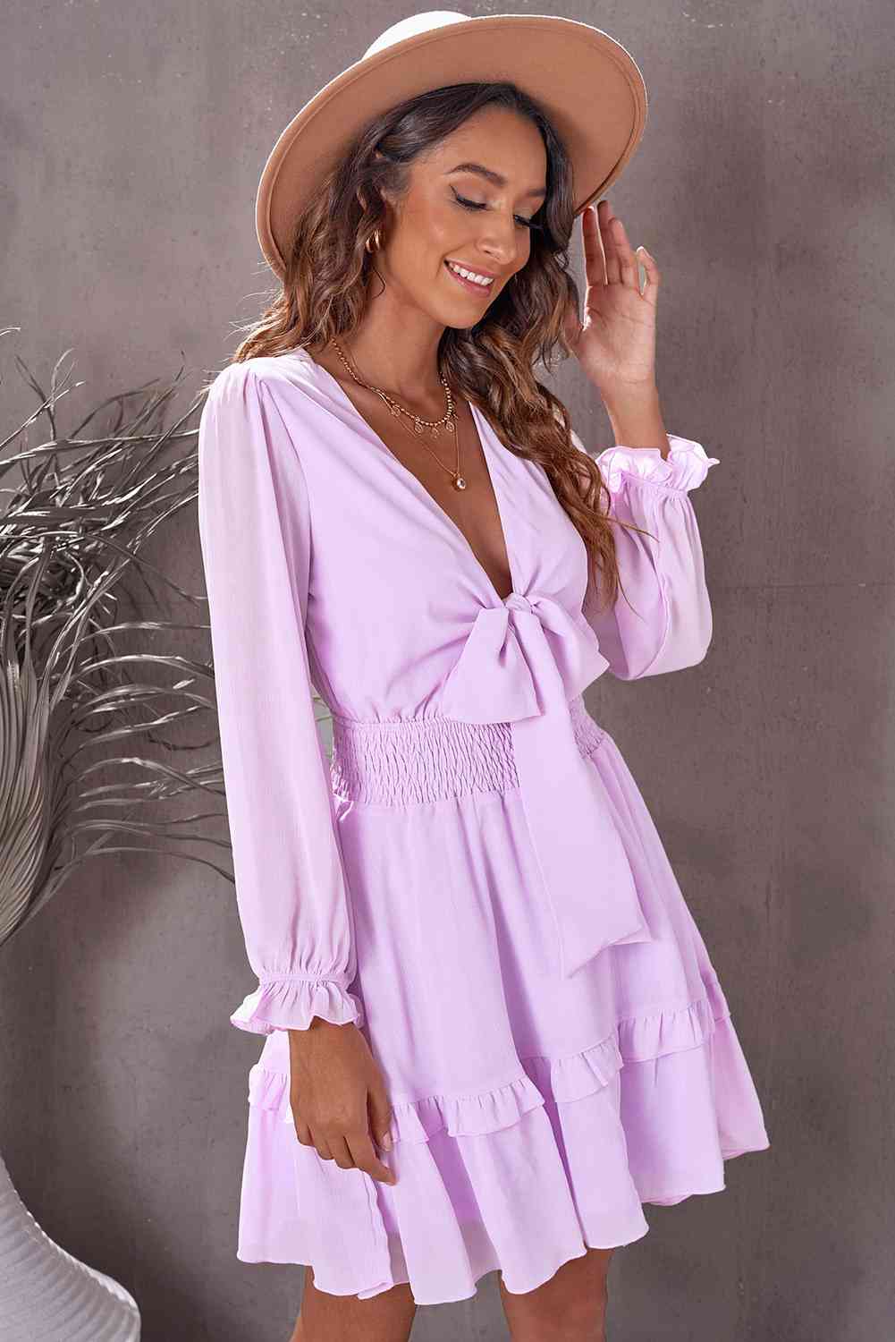 Womens Vacation Tied Plunge Smocked Waist Flounce Sleeve Dress