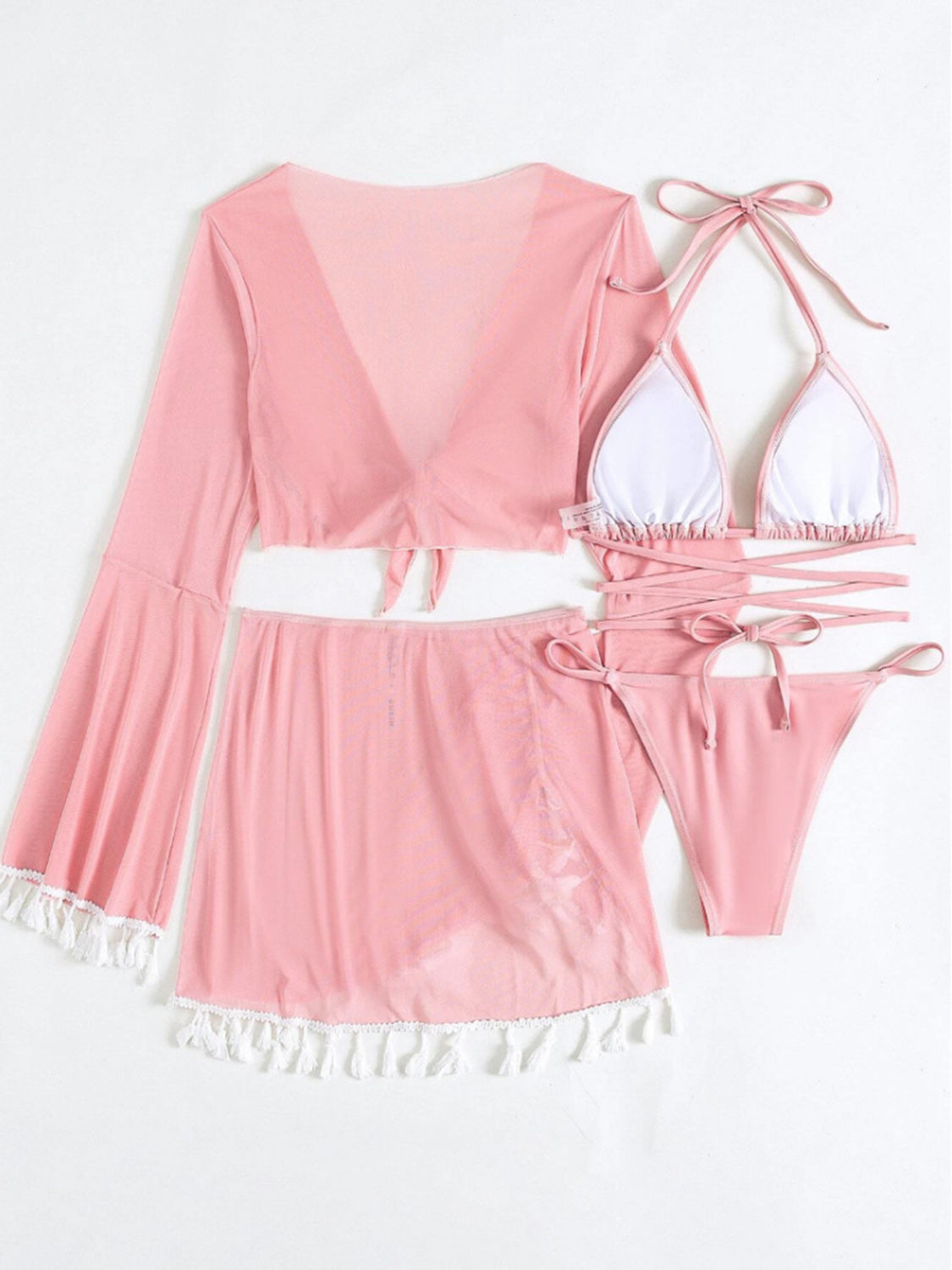 Bikini and Cover Up Set  4 piece Set - Triangle Bikini Bra Bikini Bottoms Tassel Flare Sleeve Cropped Cover-Up Top and Matching Skirt , Two Piece Bikini with Cover Up Set