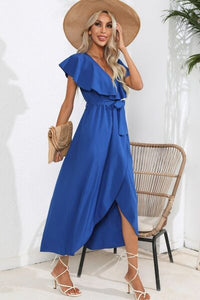 Ruffled Waist Tied V-Neck Midi Maxi Dress Casual Womens Fashion