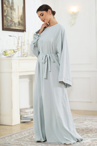 Solid Color Long Sleeve Flowy Maxi Dress Tunic Round Neck Kimono Sleeve Tie Waist Long Dress KESLEY