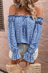 Women's Off Shoulder Shirt Blue Printed Frill Trim Blouse