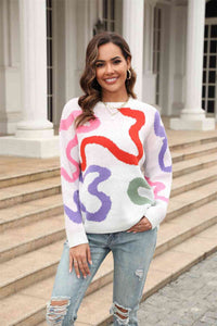 Womens Fashion Sweater Printed Round Neck Dropped Shoulder Pullover Long Sleeve Top