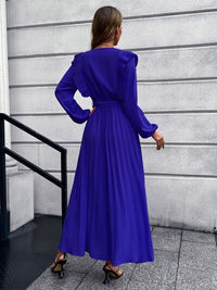 Long Sleeve Maxi Dress Pleated Surplice Waist Tie Midi