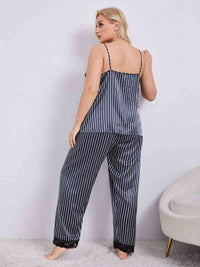 100% Satin Pajamas Plus Size Vertical Stripe Lace Trim Cami and Pants Pajama Set Luxury