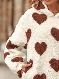 Fuzzy Heart Pocketed Dropped Shoulder Fashion Sweater Hoodie