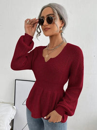 Notched Dropped Shoulder Knit Long Sleeve Top