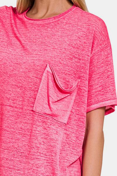 Pink T-Shirt Pocketed Round Neck Dropped Shoulder Top