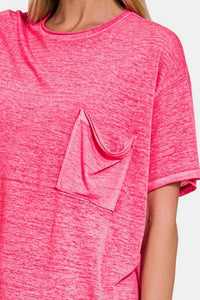 Pink T-Shirt Pocketed Round Neck Dropped Shoulder Top