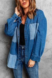 Womens Denim Long Sleeve Shirt  Color Block Snap Jacket