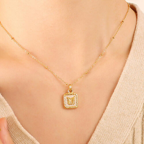 Butterfly Necklace, 18K Gold Plated  Square Titanium Steel Pendant Necklace