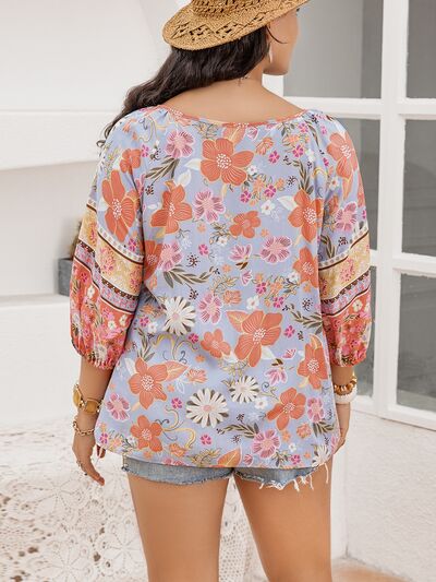 Plus Size Printed Tie Neck Balloon Long Sleeve Shirt Top Blouse