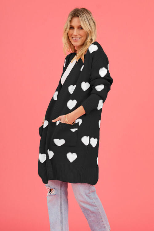 Heart Graphic Open Front Cardigan with Pockets Fashion Sweater