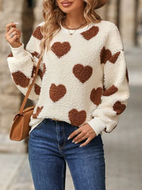 Fuzzy Heart Print Fashion Sweater Dropped Shoulder Sweatshirt