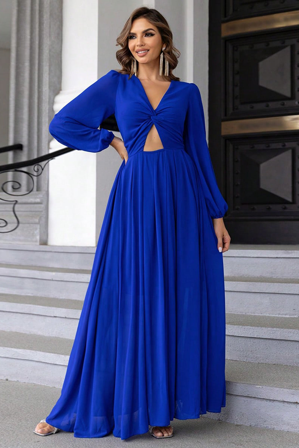 Womens New Twist Front Cutout Long Sleeve Maxi Dress