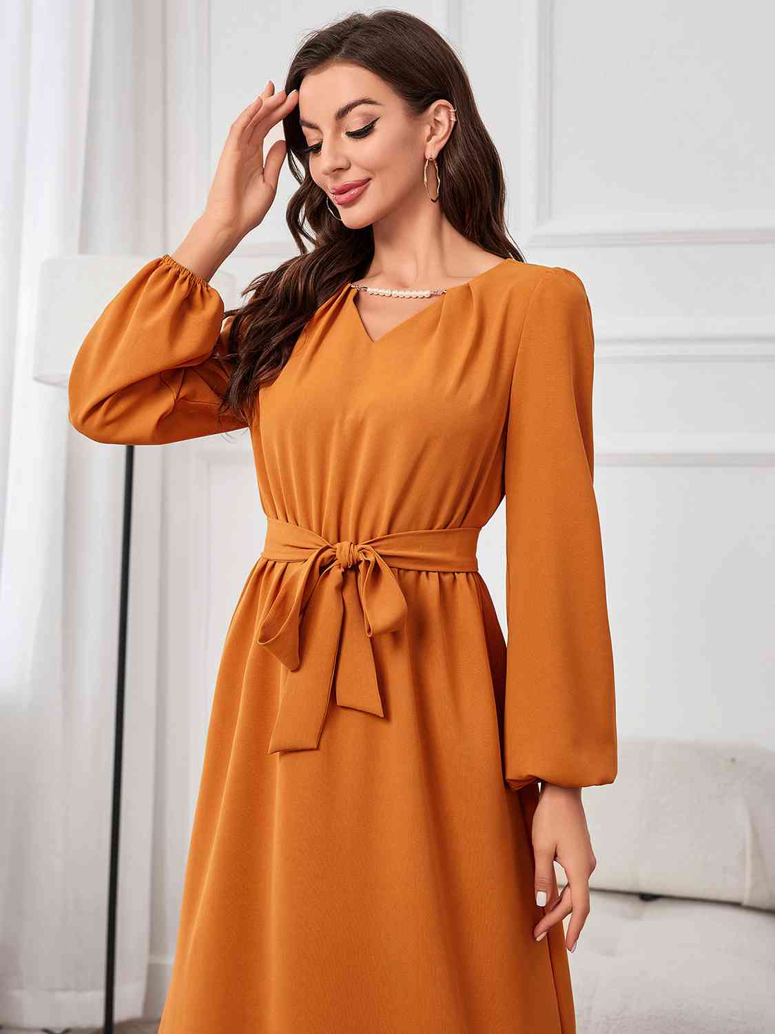 Women's Tie Waist Puff Sleeve Maxi Dress