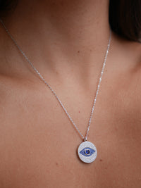 Evil Eye Silver Necklace,  .925 Sterling Silver Cubic Zirconia Nickel Free Dianty Waterproof Statement Medallion Necklace