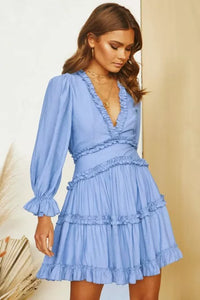 Dress, dresses, long sleeve dresses, casual dresses, shirt dresses, flare dress, flare sleeve dresses, blue dresses, casual dresses, v neck dress, womens fashion, womens clothing , mini dresses, vacation dresses, womens fashion, nice dresses, backless dress, long sleeve backless dress, back cut out dresses, day dress, outfit ideas, cute clothes, tiktok fashion