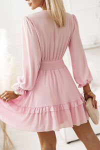 Pink Long Sleeve Short Dress Womens Fashion Tied Flounce Sleeve Mini Dress