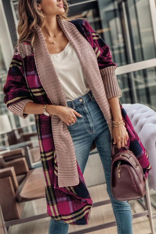 Plaid Open Front Long Sleeve Long Cardigan