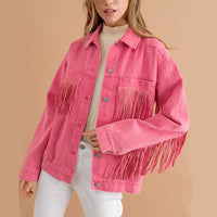 Fringe Denim Jacket Detail Dropped Shoulder Pink Shacket