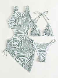 Bikini Set with cover up Two Piece Swimsuit Abstract Print Tie Back Three-Piece Swim Set