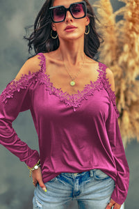 Women's Shirt Lace Detail Cold Shoulder Long Sleeve T-Shirt