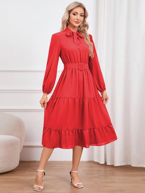 Womens Fashion Tie Neck Long Sleeve Tiered Midi Dress