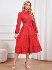 Womens Fashion Tie Neck Long Sleeve Tiered Midi Dress