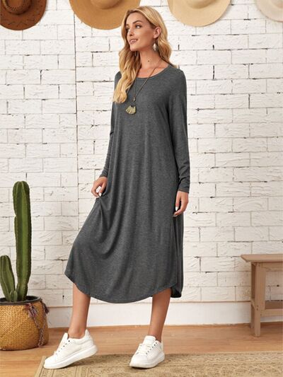 Women's Casual Maxi T-Shirt Dress With Pockets Loungewear Fashion Pocketed Round Neck Long Sleeve Tee Dress