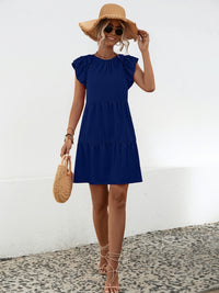 Solid Color Casual Short Sleeve Short Dress Women's fashion Ruffled Round Neck Cap Sleeve Mini Dress