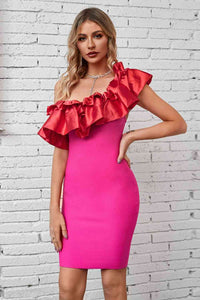 Women's Sexy Pink Ruffled One-Shoulder Tight Fit Bodycon Midi Dress