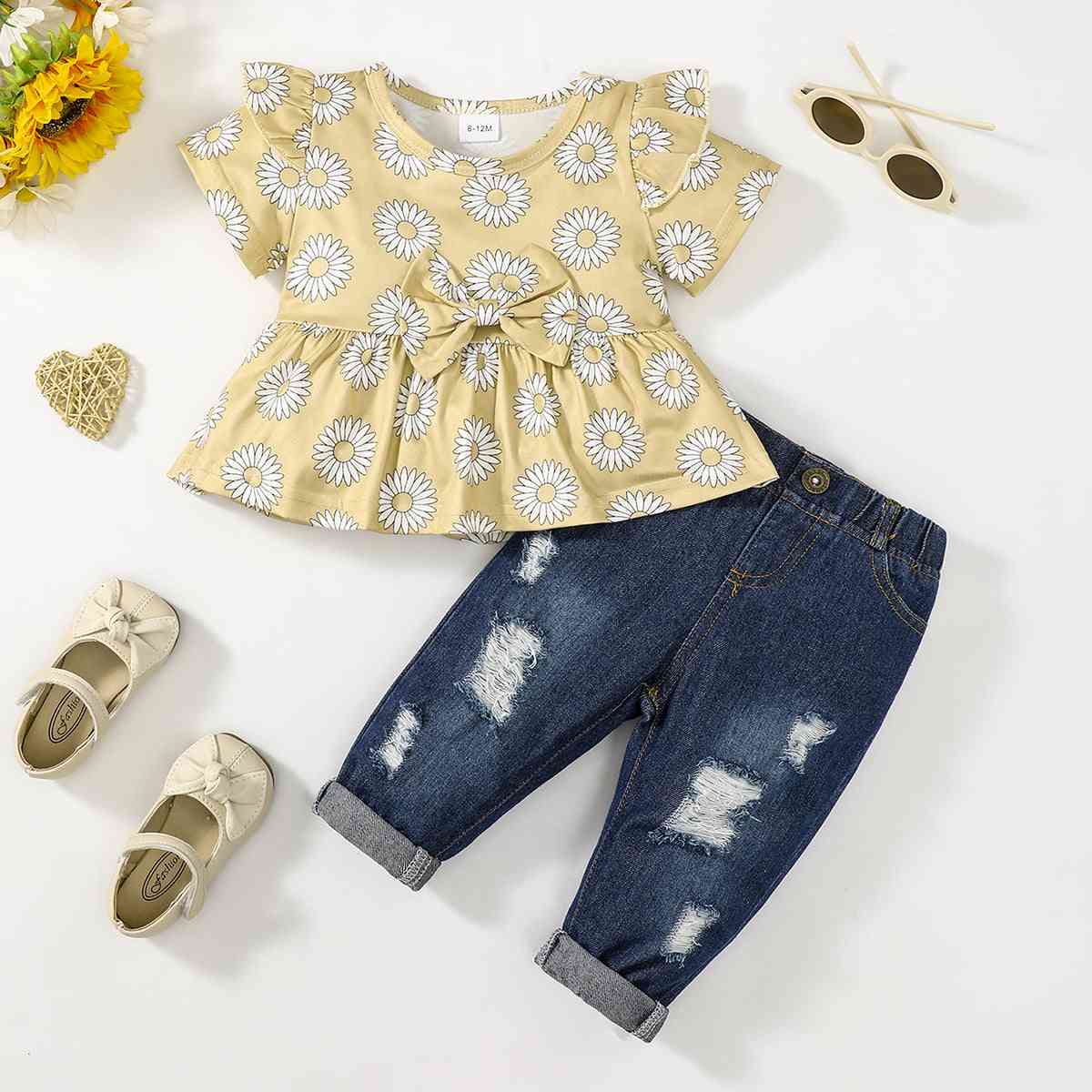 Floral Ruffle Shoulder Babydoll Top and Jeans Set Baby Fashion Girls Fashion for Babies