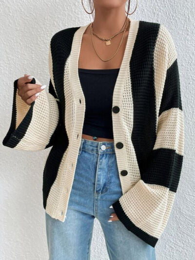 Striped Button Up Cardigan Fashion Open Sweater