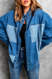 Womens Denim Long Sleeve Shirt  Color Block Snap Jacket