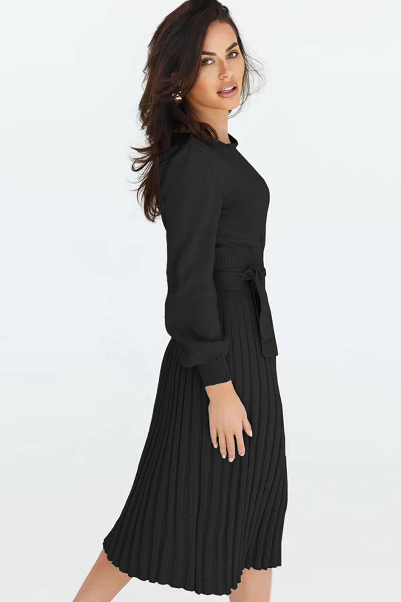 Womens Casual Dress Round Neck Long Sleeve Pleated Sweater Midi long Dress